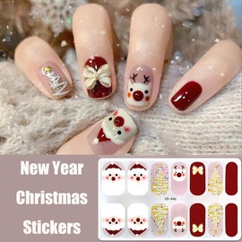 Christmas Gel Nail Strips Stickers Santa Claus Gel Nail Stickers Cute Reindeer Gold Glitter Xmas Trees Design Christmas Full Wrap Winter Nail Decals for Women DIY New Year French Manicure 4Sheets