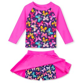 9t 10t Girls Rash Guard Swimsuit Set Butterflies Print Bathing Suit 2 Piece Beach Swimwear for Daughter Granddaughter Niece Rose Red