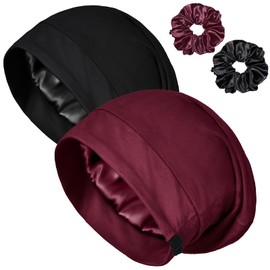 2PCS Satin Bonnet for Sleeping Night Cap, Adjustable Satin Lined Silk Bonnets Sleep Cap for Curly Hair Braids Beanie Black Women