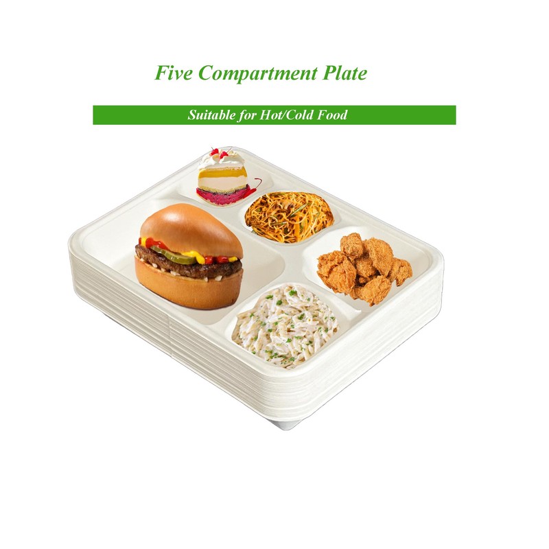 Be4Ever Sugarcane Bagasse 5 Compartment Plates Rigid & Durable Divided