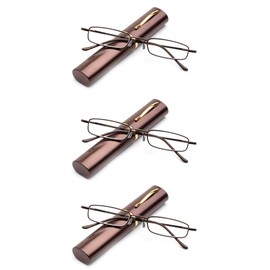 3 Packs Pocket Readers Ultra Slim Compact Reading Glasses Spring Temple w/Portable Pocket Clip Aluminum Case Brown +1.25
