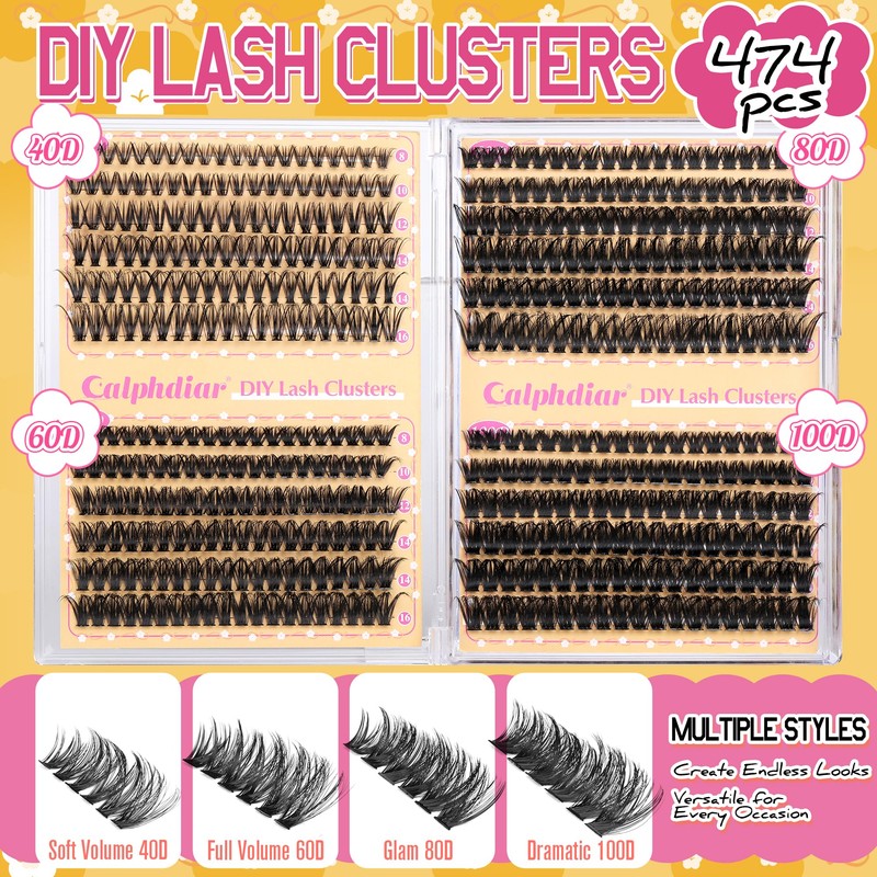 Calphdiar Lash Clusters 40D+60D+80D+100D Eyelash Clusters 474PCS Individual Lashes D-Curly
