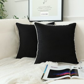 LIGICKY Set of 2 White Velvet Throw Pillow Covers Modern Minimalist Style Solid Decorative Black Rope Edging Soft Square Cushion Cases for Sofa Bedroom Party Décor, 12 x 12 inch