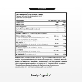 Purely Organics  Resveratrol Gold 1340 mg  Suplemento Antioxidante con Polifenoles, Licopeno, Betacaroteno y Vitamina C  200 Cpsulas Veganas          
