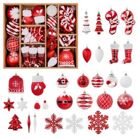 Alupssuc 85ct Christmas Balls Ornaments Set, Colorful Shatterproof Plastic Christmas Tree Ornaments, Xmas Decorative Baubles for Christmas Tree Decorations with Hanging Strings, Red & White