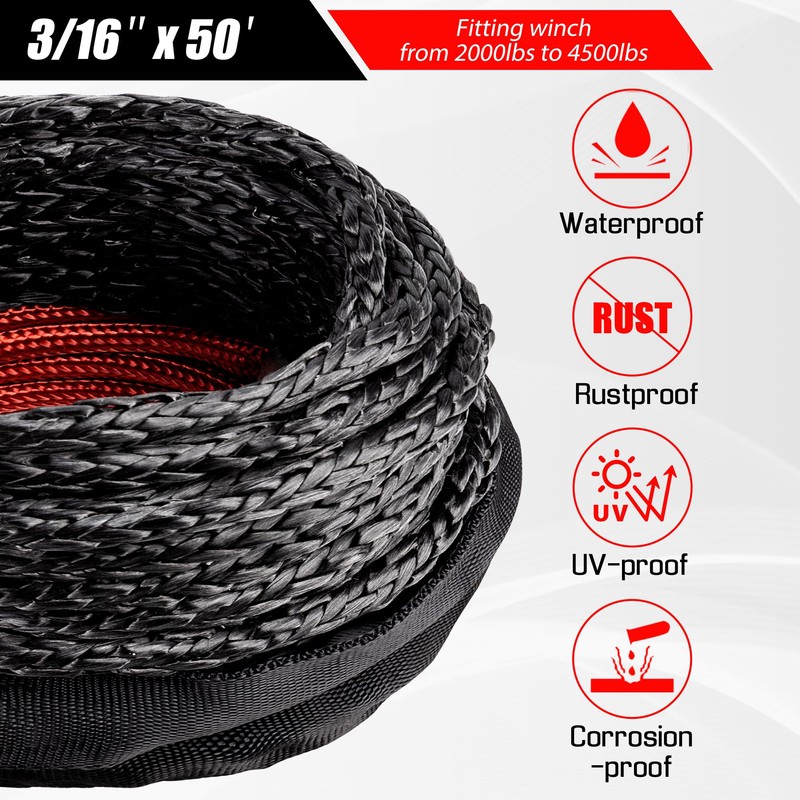 AUTODUNK 3/16" x 50ft Synthetic Winch Rope Kit 8,450LBS with
