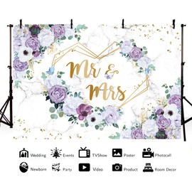 AIBIIN 10x7ft Mr and Mrs Violet Wedding Backdrop for Bridal Shower Purple and White Flowers Photography Background Hearts Geometric Couple Wedding Party Decorations Bride to Be Engagement Banner Props