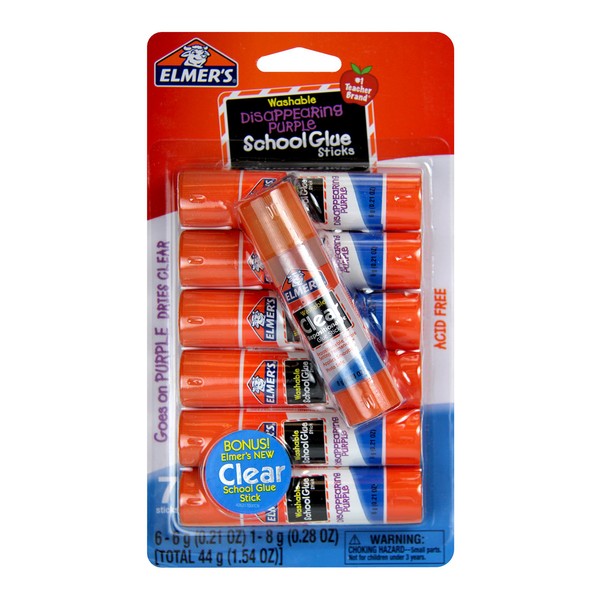 Elmer's Disappearing Purple (6g) and Clear Re-Stick School Glue Sticks (8g), Washable, 6 Grams, 7 Count