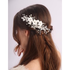 Teyglen Flower Bride Wedding Hair Clips Silver Leaf Crystal Hair Piece Rhinestone Bridal Hair Barrette Hair Accessories for Women Floral Headpiece (Silver)