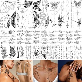 Más de 200 tatuajes temporales para mujer, resistentes al agua, negros, realistas, con forma de colibrí, tatuajes falsos para arte corporal, brazos, cuello, manos, pecho, clavícula y espalda.