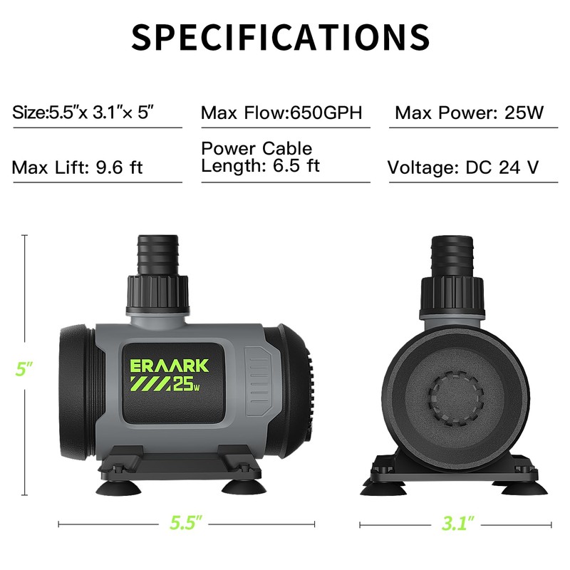 ERAARK 650GPH Submersible Water Pump 25W Ultra Quiet Small Fountain