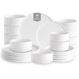 Porcelain Dinnerware Set - KilomSumat 24 Piece Plates and Bowls Sets for 6, Modern Ceramic Dining Dishware, Chip and Scratch Resistant Dish Set, Microwave & Dishwasher Safe, White