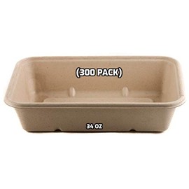[300 Pack] 34oz Compostable Eco Friendly Container Trays - Rectangular Oblong Tree Free Sugarcane Bagasse Meal Prep Bento Boxes Take Out Catering Microwavable Deep Container by EcoQuality