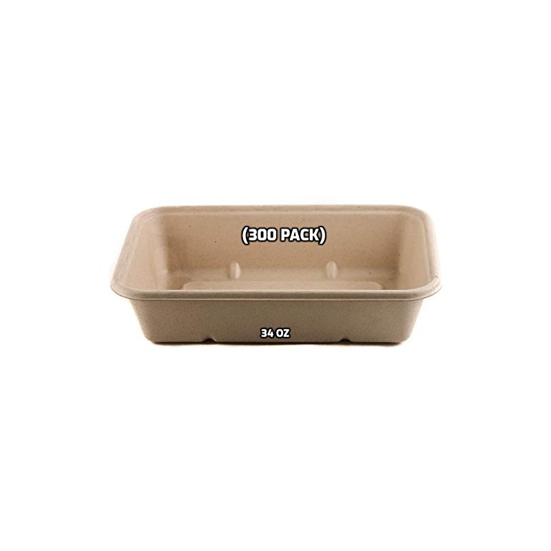 [300 Pack] 34oz Compostable Eco Friendly Container Trays - Rectangular