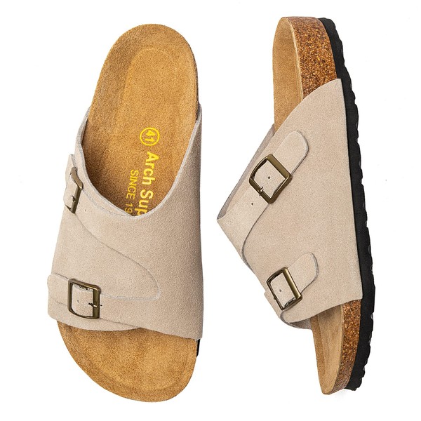 STRDEOUT Men's Cork Sandals Birkoflow Arizona Sandals, Leather Shoes, Outdoors, Stylish, Easy to Walk, Slippers, B Sand