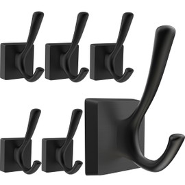 TOFIIGREM Black Wall Hooks Coat Hooks, Mudroom Hooks Bathroom Hallway Hooks for Hanging Clothes Robe Towel Backpack, Heavy Duty Decorative Hooks Modern Double Towel Hooks (6 Pack, Black)