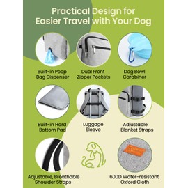 Dog Travel Bag, 25L Airline Approved Dog Travel Backpack for Pet Travel Accessories with 2 Food Storage Containers, 2 Foldable Bowls for Short Trips, Grey
