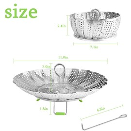 Steamer Basket Stainless Steel Vegetable Basket Metal Handle Folding Silicone Feet Steamer Insert for Cooking Veggies Fish Seafood Include Safety Tool,Fit Various Pot Pressure Cooker (7.1" to 11")