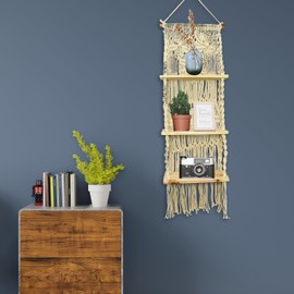 Hastvikas Macrame Wall Hanging Shelf | Handwoven Cotton Floating Wooden Shelf | Boho Decorative Storage for Living Room, Bedroom & Kitchen | Hanging Rack, Tier 3 (Off White)