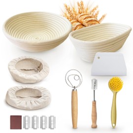 Homiely Bread Proofing Basket Sourdough Set of 13-9" Round and 10" Oval Banneton Baskets with Bread Lame, Danish Whisk, Bowl Scraper and Linen Liners - Gift Set for Home Bakers