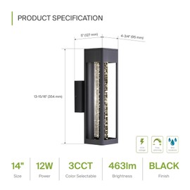 ASD LED 14 Inch Bubble Glass Wall Light Fixture | 12W 300LM 3000K-5000K 120V | 3CCT, Waterproof, Dimmable, ETL Listed | Exterior Flush Mount Sconce, Outdoor-Indoor Lighting | Black