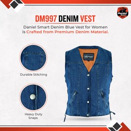 Daniel Smart Women Denim Vest V-Shaped Neck Design Black Jean Motorcycle Vest with Side Laces & Concealment Carry Pocket (US, Alpha, XX-Large, Regular, Regular, Blue)