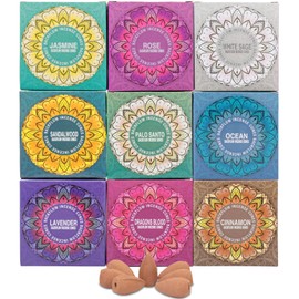 Set of 9 Backflow Incense Cones Gift Variety Pack - White Sage, Dragons Blood, Palo Santo, Jasmine, Lavender, Ocean, Sandalwood, Cinnamon, Rose for Waterfall Aromatic Smoke Fountain Haze Falls