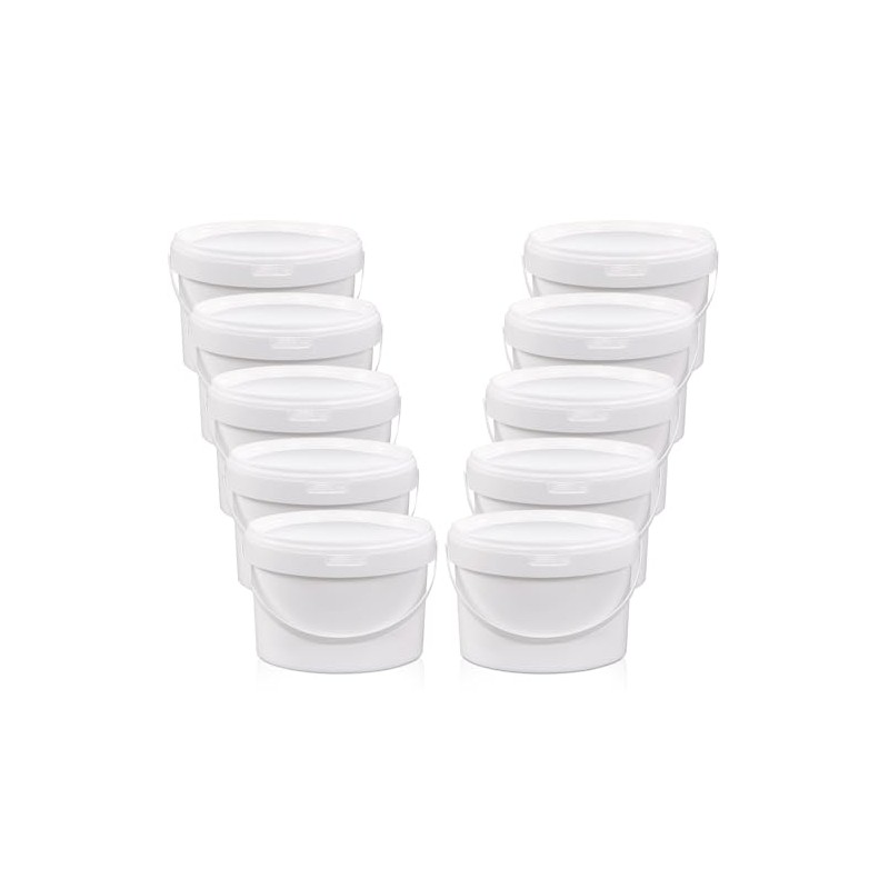 10 Pack White Plastic Bucket with Handle and Lid Food