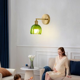 Ruibutrade Vintage Battery Operated Wall Sconces with Remote, 180 Degree Adjustable, Modern Battery Powered Wall Lighting Fixture with Green Tulip Glass Lampshade for Bedroom Bedside Bathroom