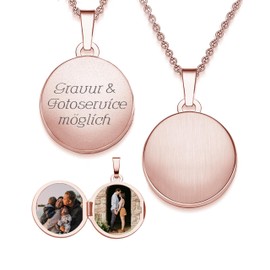 Amoonic Women's Round Locket for Opening for Pictures in 925 Silver and Gold/Rose Gold Plated I Chain 45-50 cm Photo Upload Service and Engraving I Round Medallion Hinged for Women Mum Girlfriend,