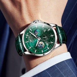 OLEVS Mens Watches Green Starry Sky Moon Phase Dial Luxury Business Dress Analog Quartz Classic Casual Date Leather Wrist Watches Waterproof Luminous