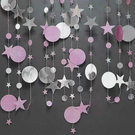 52 ft Hanging Paper Garland Glitter Pink Silver, Round and Star Paper Decoration for Party (4 m x 4)