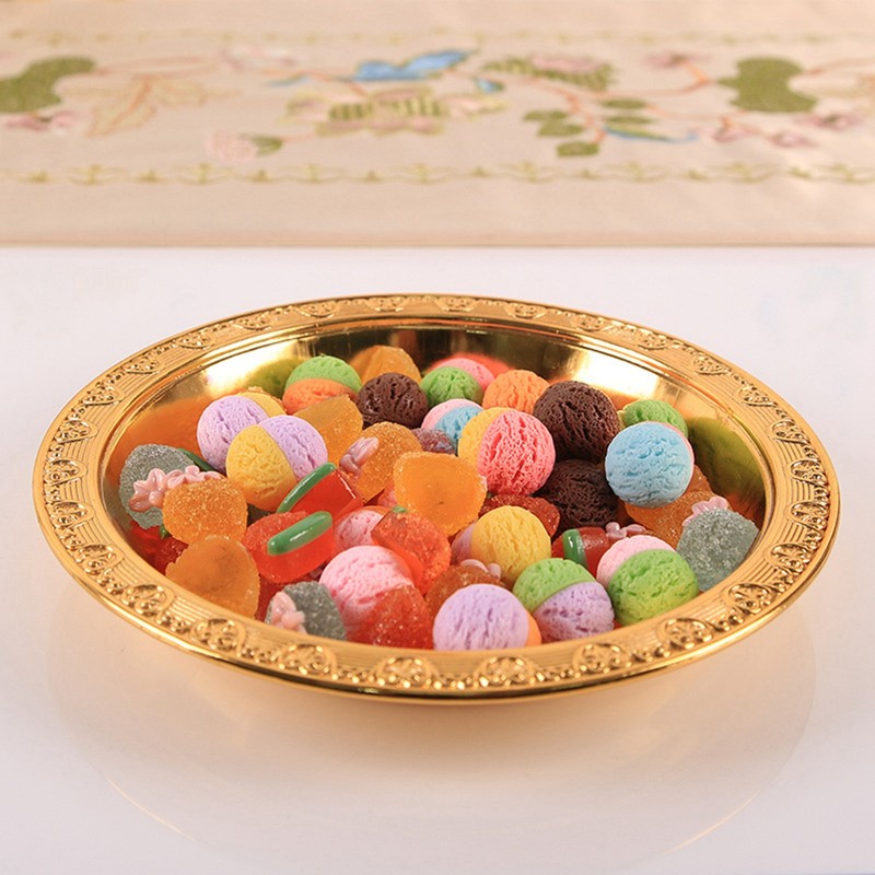 Serving Plate with Dome Golden Embossed Patterns Stainless Steel Acrylic