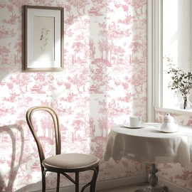 WENMER Toile Wallpaper, 17.7" X 394" Pink and White Peel and Stick Wall Paper, Toile de Jouy Wallpaper, French Vintage Contact Paper for Bedroom, Walls, Backdrop, Cabinet, Home Decor