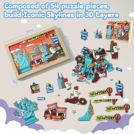 LQG Art Crafts Gift for Kids 4-8 Ages 3D Wooden City Landmark Series Frame Kit for Kids - DIY New York Cartoon Style Puzzle Toys Perfect Wall Art and Tabletop Decoration