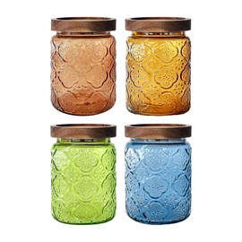 Glass Jars with Airtight Wood Lids – 4 PC 24 OZ Vintage Storage Canisters Set for Kitchen Pantry Bathroom, Decorative Beautiful Containers for Coffee, Cookie, Sugar, Tea, Candy, Snack, Nuts, Begonia