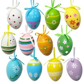 Easter Tree Ornaments Multicolored Hanging Plastic Easters Eggs Trees Decorations Hanging Easter Eggs, Hand Painted Ornaments for Basket DIY Crafts 12 Pack
