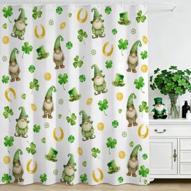 Mocsicka St. Patrick's Day Shower Curtain Green Lucky Clovers Shamrock Leaf Shower Curtain for St Patrick's Day Shamrock Decor Waterproof Gold Coin Cute Dwarf Bath Curtain 72 X 72 Inch