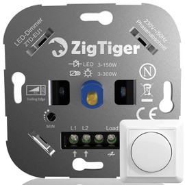 Zigtiger LED Dimmer Switch, Flush-Mounted Dimmer Switch, Rotary Dimmer Suitable for Dimmable LED 3-150 W and Halogen 3-300 W, No Clamping Claws, Phase Control, White