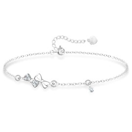 KristLand 925 Sterling Silver Bracelet White Gold Plated Adjustable Silver Chain Bow Knot Bracelet with Cubic Zirconia Party Birthday Gift for Women Ladies Girl