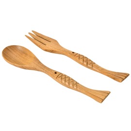 AeraVida Stylish and Chic Cutlery Carved Fish Teak Wood Spoon and Fork Set | Wooden Cutlery Spoons and Forks | Teak Wood Spoon and Fork | Fork and Spoon Set for Lunch Box
