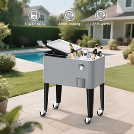 SHAREWIN 60 Quart Rolling Ice Chest, Portable Patio Party Drink Cooler Cart with Bottle Opener & Cap Collector & Drain for Patio Party BBQ & Beach Activities (Silver)