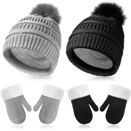 2 Sets Toddler Hats and Gloves Fleece Lined Beanie Babies Girl Toddler Beanie Boy Hat with Winter Warm Mittens Thick (Gray and Black,1-3 Years)