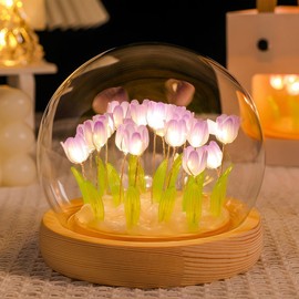 AWSOLAR Tulip Lights, Tulip Lamp with 13 Light up Tulips and Wooden Base, Romantic Decoration for Bedroom, Tabletop, Living Room, Tent, Purple