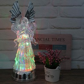 Wondise 14” Color Changing Angel Lighted Water Lamp with 6 Hour Timer, Battery Operated LED Lights Swirling Water Glitter Christmas Home Decor(Angel Praying with Large Wings)