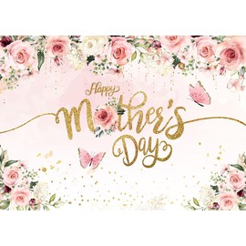 8x6ft Mother's Day Photography Backdrop Mothers Day Gold and Pink Flowers Photo Backdrop Mother's Day Brunch Decoratios Banner Background Studio Props 264