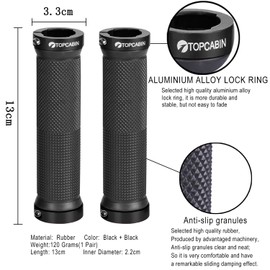 TOPCABIN Bicycle Handlebar Grips, Ergonomic Design, Mountain Bike / BMX Handlebar Grips, 1 Pair with 2 Aluminium Lock-On End Caps, black