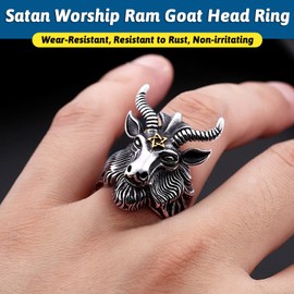 FaithHeart Men's Ring, Stainless Steel Baphomet Goat Head Ring, Punk Goat Skull Signet Ring, Finger Ring, Satanic Sheep Goat Head Ring for Birthday, Father's Day, Valentine's Day, Metal, No Gemstone