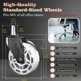 QXYJLCN 3 Inch Heavy Duty Office Chair Casters (5-Pack) - 650LBS Capacity PU Wheels, Non-Marking Hardwood Floor Safe, Fits Standard 7/16" x 7/8" Stem Chairs - White