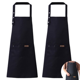 YapitHome 2 Pieces Kitchen Apron Black Cooking Apron Cotton Adjustable Apron with 3 Pockets Used in Kitchen, Home, Restaurant, Cafe, Canteen, black